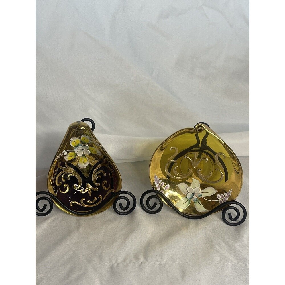 Pair Of Vintage Italian Murano Glass Trinket Dishes Handpainted With Stands